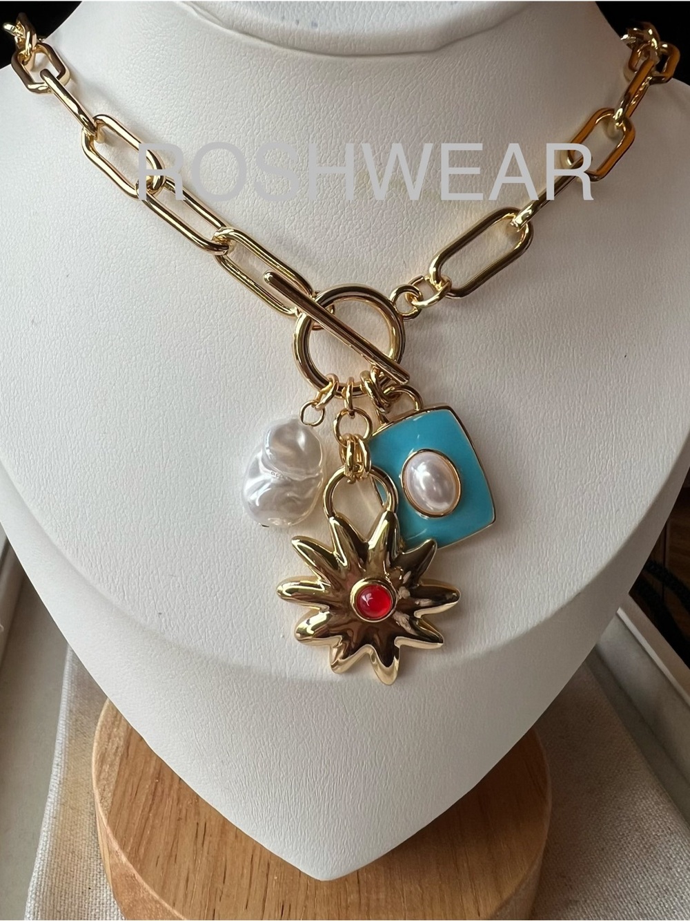 Gold-Link Charm Necklace with Faux Turquoise, Pearl & Red Accents NWOT